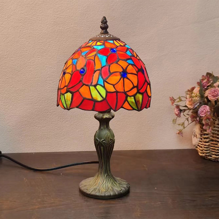 Lampe de table à 1 lumière en verre teinté en zinc à motif de fleurs traditionnelles Tiffany Dome pour chambre 