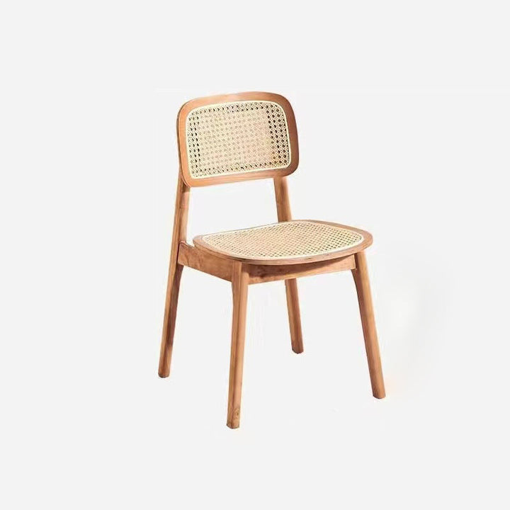 Moderner minimalistischer Esszimmerstuhl aus PET-Rattan und Kautschukholz mit quadratischer Rückenlehne 