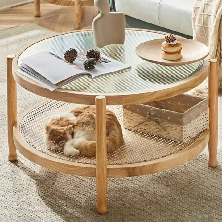 Modern Minimalist Round Horizontal Strip Glass Plastic Rattan Rubberwood Coffee Table 2-Tier For Living Room