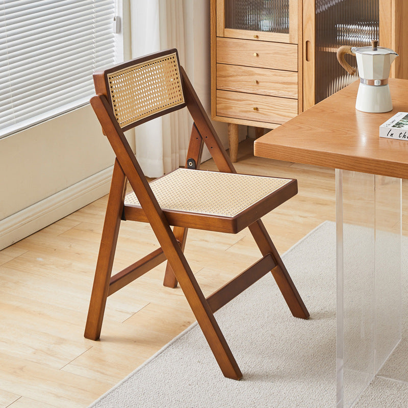 Silla de comedor vintage tradicional cuadrada de ratán PE y madera de caucho con respaldo para comedor 
