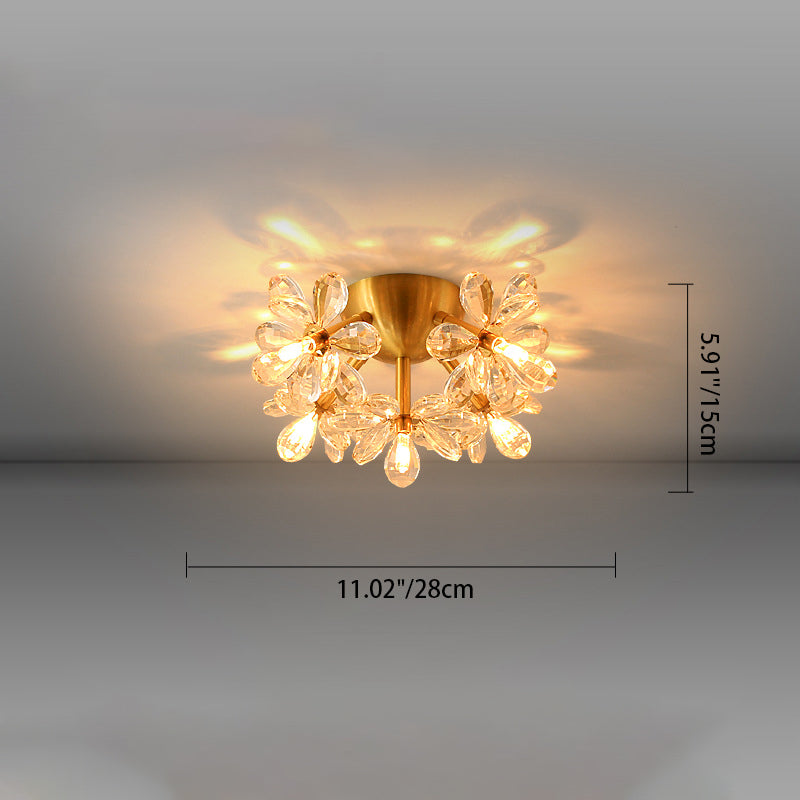 Plafonnier Moderne Minimaliste en Laiton avec Cristal et Fleurs 3/5/6/7 Lumières pour Salon 