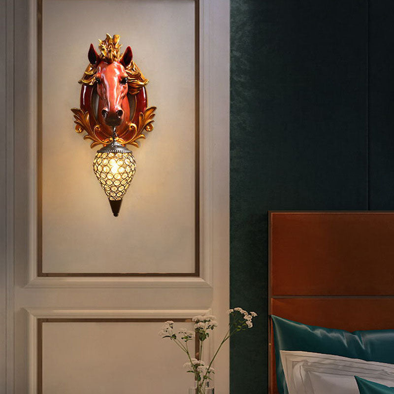 Modern Eclectic Resin Horse Head Decor Crystal Round Shade 1-Light Wall Sconce Lamp For Living Room