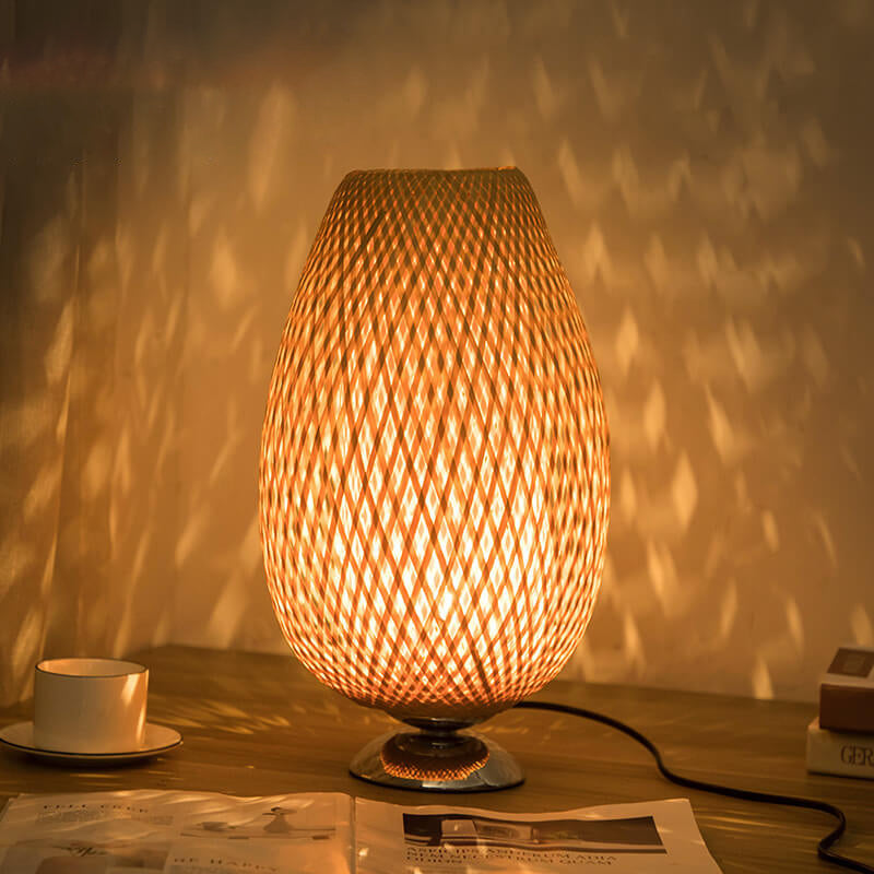 Traditional Chinese Moso Bamboo Wood Iron Weaving Oval Round 1-Light Table Lamp For Bedroom