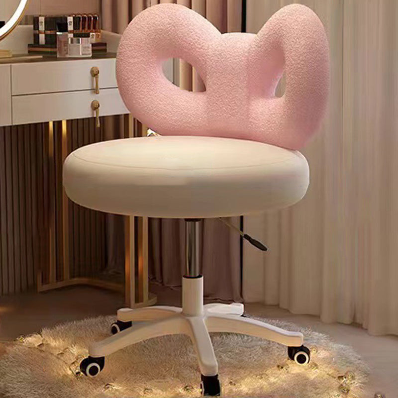 Moderner Art-Deco-Schmetterlingsknoten runder Sherpa-Stoff-Kunstleder-Metall-Schminktischhocker mit Rückenlehne, ohne Armlehnen, für das Schlafzimmer 