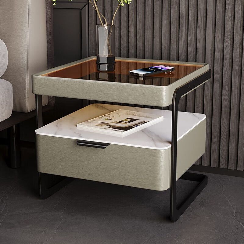 Table de nuit moderne minimaliste rectangulaire en verre renforcé avec dalle de roche et fer, 1 tiroir pour chambre à coucher 