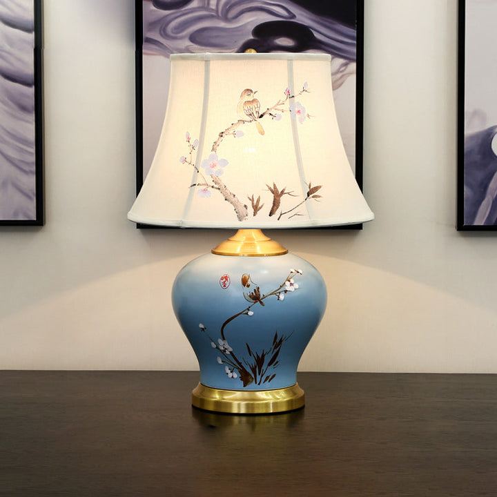 Traditional Chinese Plum Blossom Cylindrical Copper Ceramic Fabric 1-Light Table Lamp For Bedroom