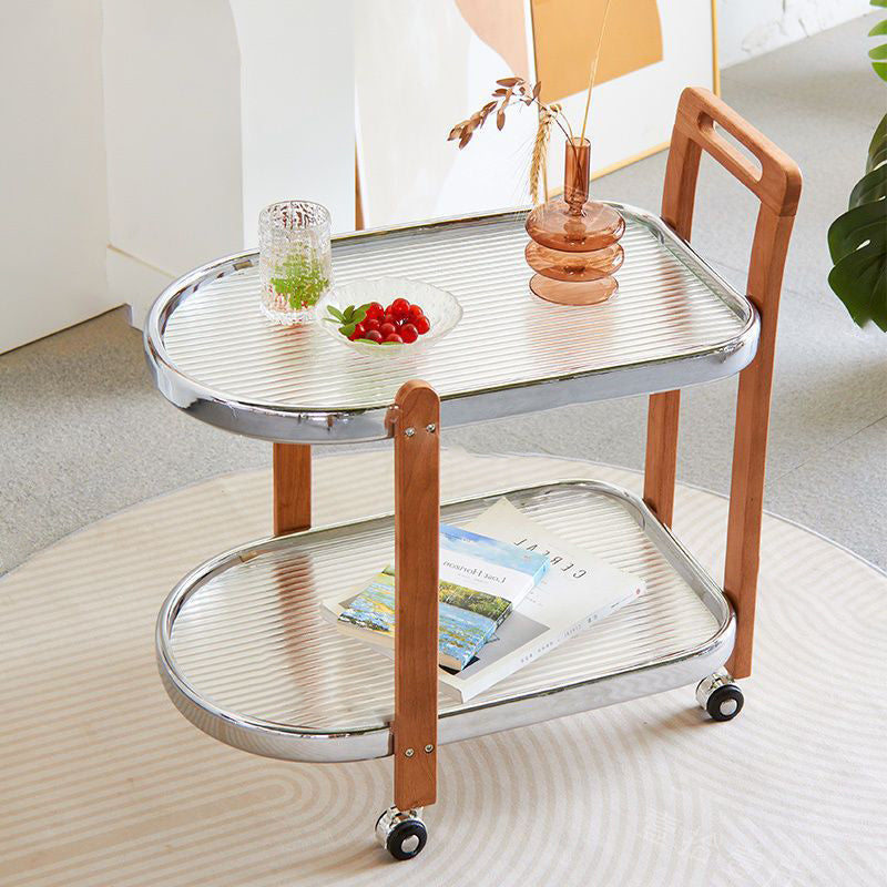 Traditioneller ovaler abnehmbarer Holztisch aus Edelstahl und Glas mit 2 Ebenen für das Wohnzimmer 