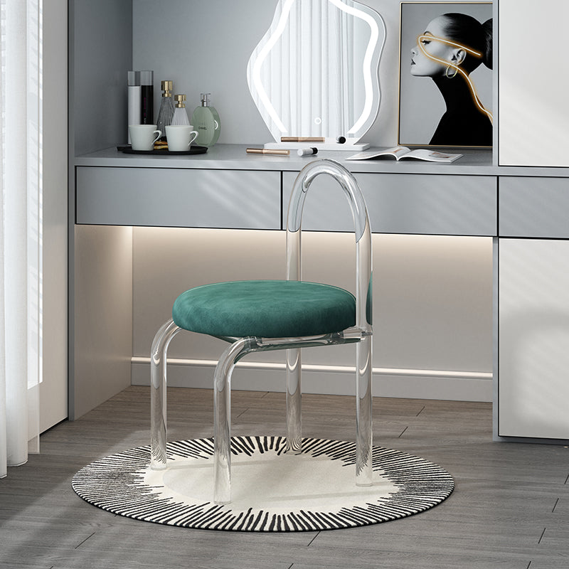 Moderner minimalistischer runder Schminkhocker aus Samt und Acryl mit Rückenlehne für das Schlafzimmer 