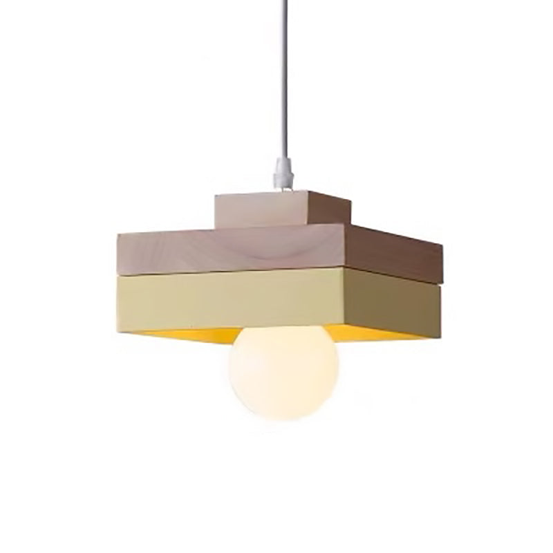 Moderne minimalistische Macaron Square Eisen Holz 1-Licht Pendelleuchte für Wohnzimmer 