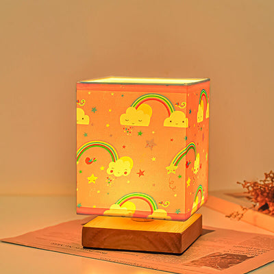 Contemporary Creative Kids Rectangular Solid Wood Fabric LED Table Lamp For Bedroom