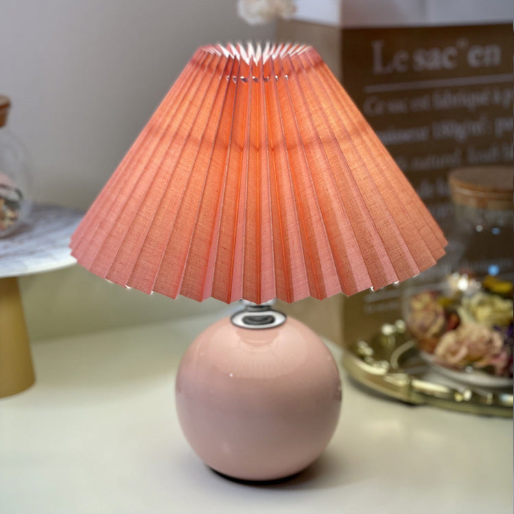 Modern Minimalist Round Fabric Pleated Ceramic 1-Light Table Lamp For Bedroom