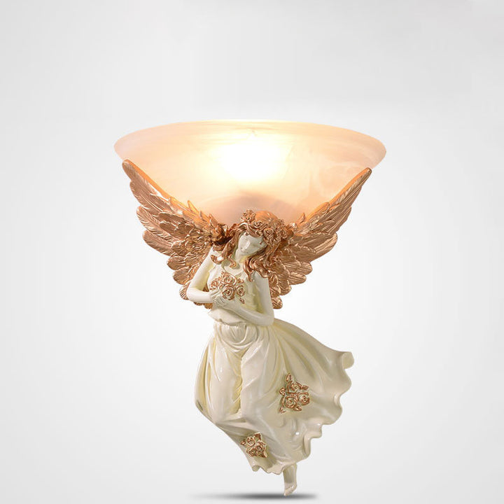 Traditionelle europäische Harz Engel Flügel Glas Tasse Schatten 1-Licht Wandleuchte Lampe für Wohnzimmer 