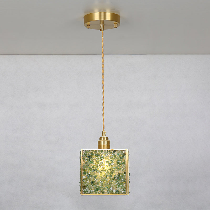 Suspension Luminaire 1-Lumière Moderne de Luxe Carré Cube Cadre en Or Cuivre Abat-jour en Verre Pour Salon 