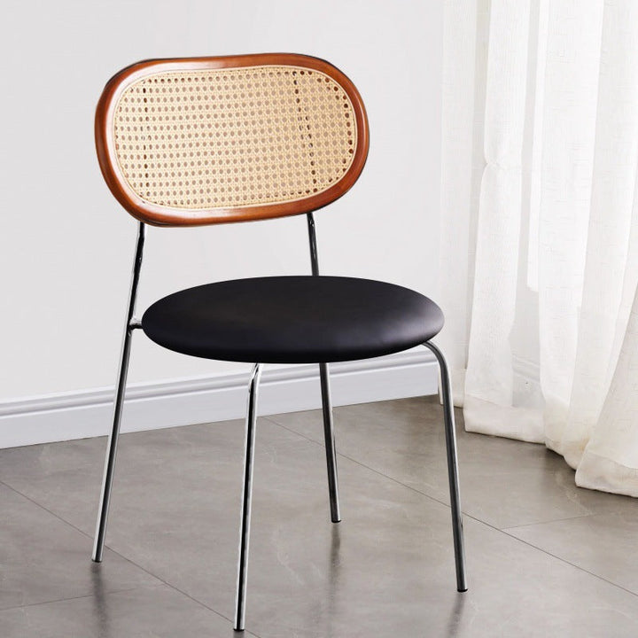Contemporary Vintage Round Rectangular Rubberwood Plywood Iron Faux Leather PE Rattan Dining Chair Backrest For Dining Room