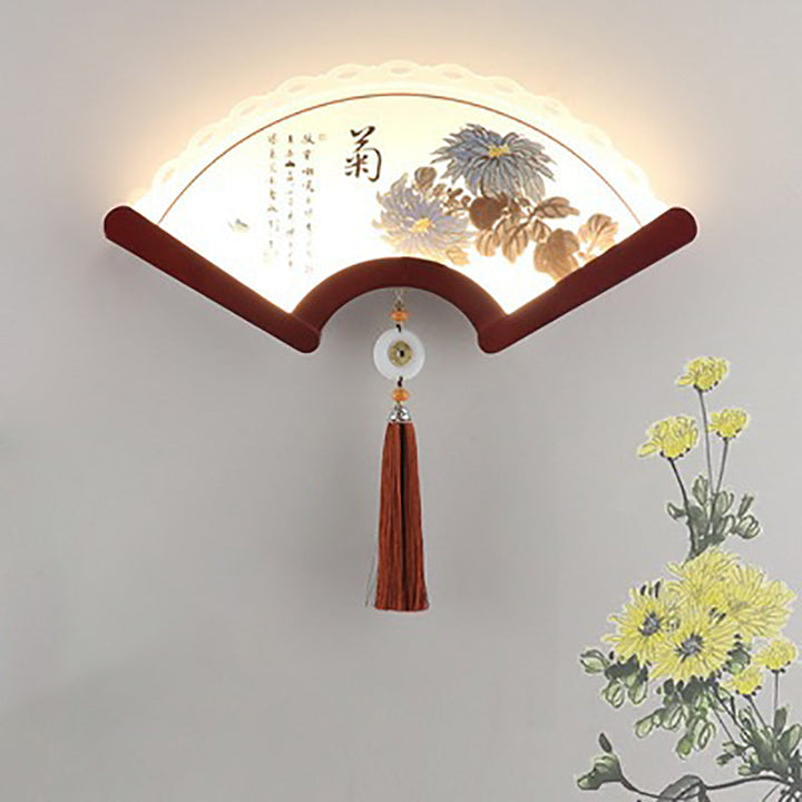 Aplique de pared LED con pantalla de elementos de planta acrílicos festoneados tradicionales chinos y borde de madera para sala de estar 