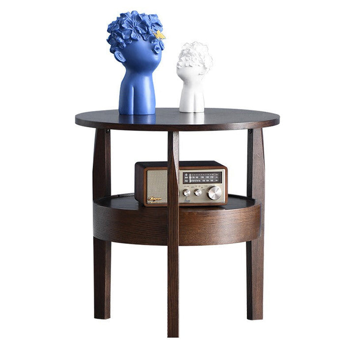 Mesa auxiliar redonda contemporánea, retro y vintage de madera de caucho, madera de pino y contrachapado con cajón de 2 niveles para sala de estar 