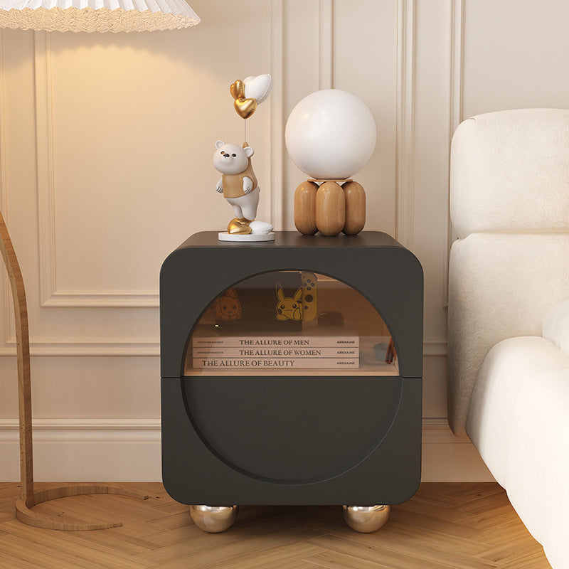 Table de chevet moderne minimaliste carrée en bois massif avec panneau de verre en acier inoxydable à 2 tiroirs pour chambre à coucher 