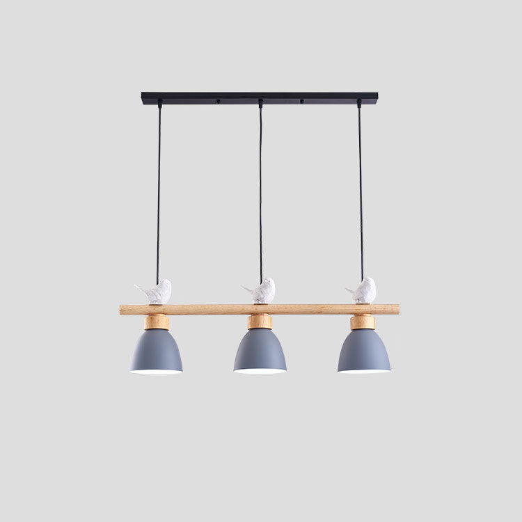 Contemporary Scandinavian Round Bird Iron Wood Resin 3-Light Island Light Chandelier For Dining Room