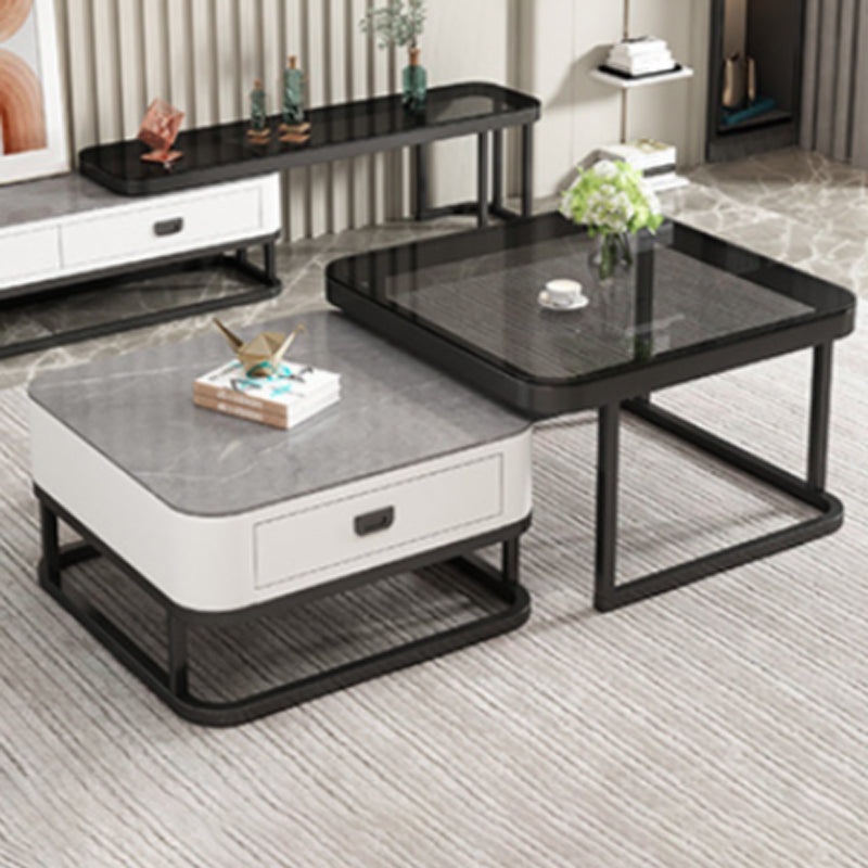 Modern Minimalist Square Rock Slab Glass Carbon Steel Faux Leather MDF Combination Coffee Table 1-Drawer For Living Room