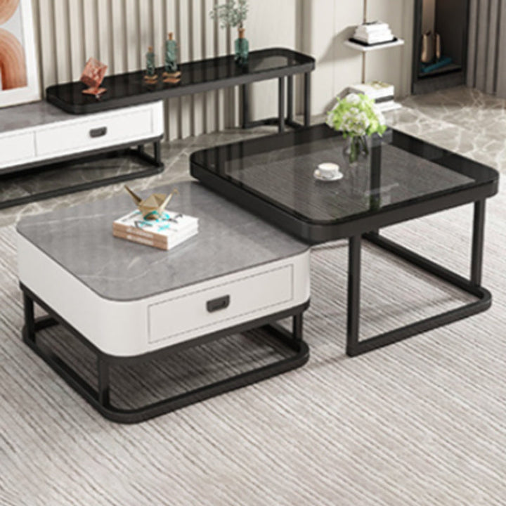 Modern Minimalist Square Rock Slab Glass Carbon Steel Faux Leather MDF Combination Coffee Table 1-Drawer For Living Room