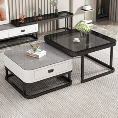 Table basse moderne minimaliste carrée en dalle de roche, verre et métal, avec 1 tiroir pour le salon 