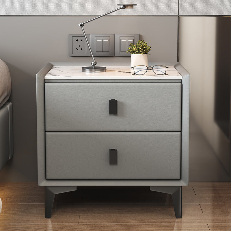 Table de nuit moderne en bois massif à dessus en pierre frittée cubique à 2 tiroirs pour chambre à coucher 