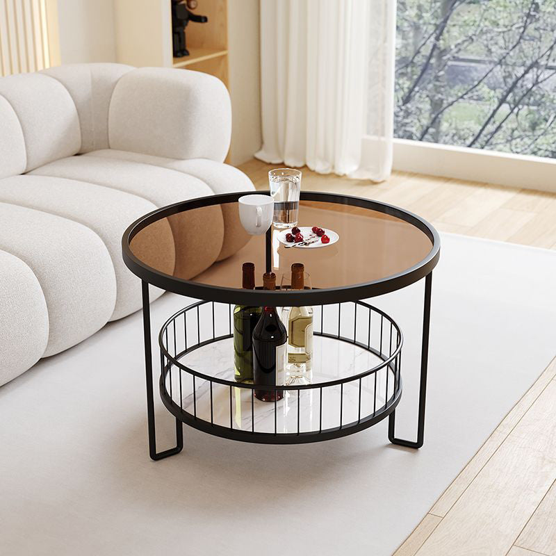 Modern Minimalist Round Tabletop Metal Tempered Glass Coffee Table 1-Shelf For Living Room