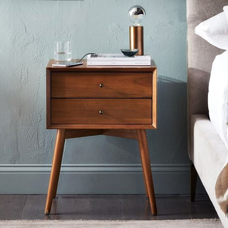 Contemporary Nordic Rectangular Wood Side Table 2-Drawer For Living Room