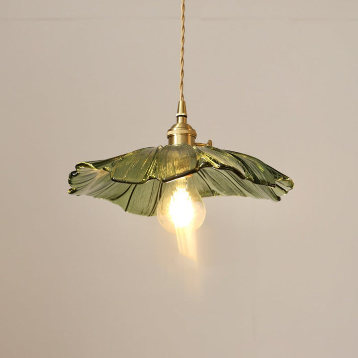 Traditionelle Vintage Lotusblatt Glas Messing 1-Licht Pendelleuchte für Wohnzimmer 