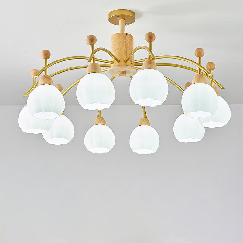 Traditioneller japanischer Eisenholzrahmen Rundglas-Schirm 6/8/10-Licht Kronleuchter für Wohnzimmer 