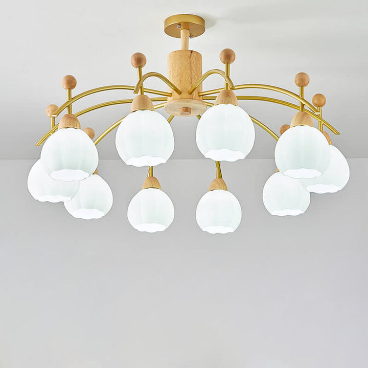 Traditioneller japanischer Eisenholzrahmen Rundglas-Schirm 6/8/10-Licht Kronleuchter für Wohnzimmer 