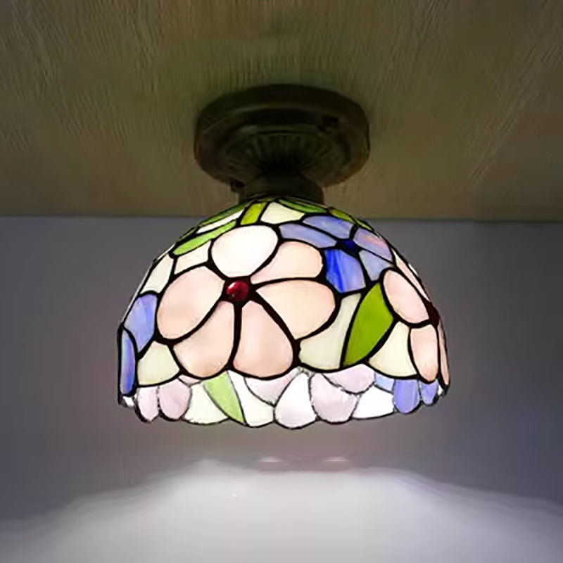 Lámpara de Techo Semi-empotrada de 1 Luz de Cristal de Hierro con Cúpula Tradicional Tiffany para Sala de Estar 