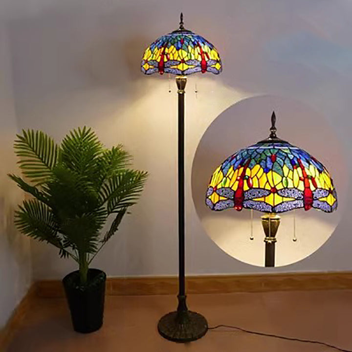 Lámpara de pie de 3 luces de vidrio de hierro con columna tradicional Tiffany para sala de estar 