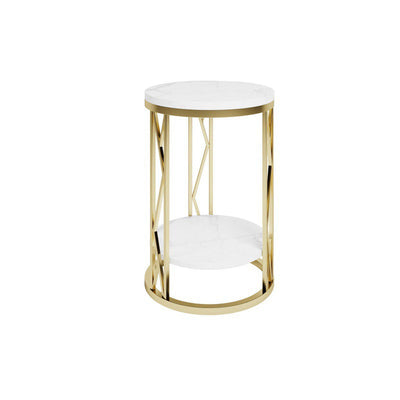 Mesa de Centro Moderna de Lujo Redonda con Tapa de Hierro y Estante de Roca para Sala de Estar 