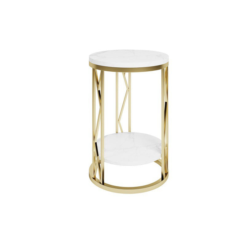 Mesa de Centro Moderna de Lujo Redonda con Tapa de Hierro y Estante de Roca para Sala de Estar 