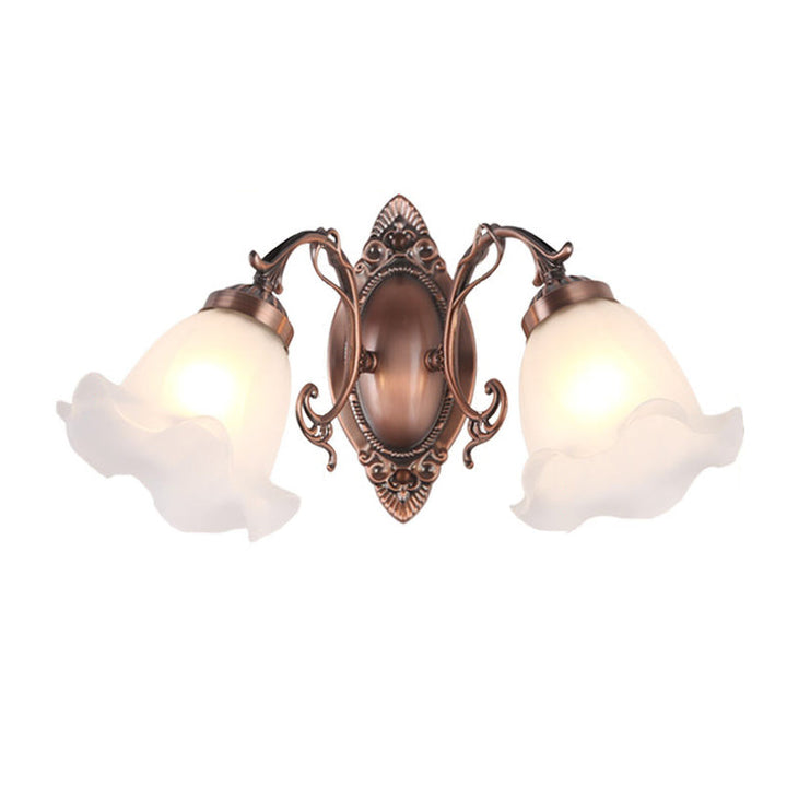 Traditionelle europäische Eisenglas-Blumen-2-Licht-Wandleuchter-Lampe für Wohnzimmer 