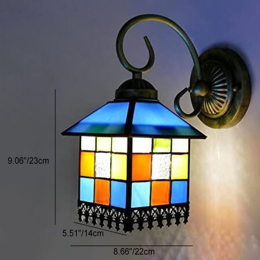 Traditional Tiffany Square House Iron Stained Glass 1-Light Wall Sconce Lamp For Living Room