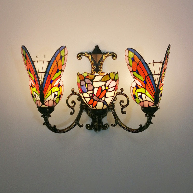 Traditional Tiffany European Butterfly Alloy Iron Glass 3-Light Wall Sconce Lamp For Hallway