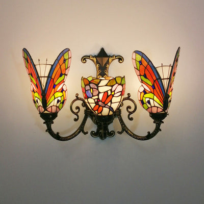 Traditional Tiffany European Butterfly Stained Glass 3-Light Wall Sconce Lamp For Hallway