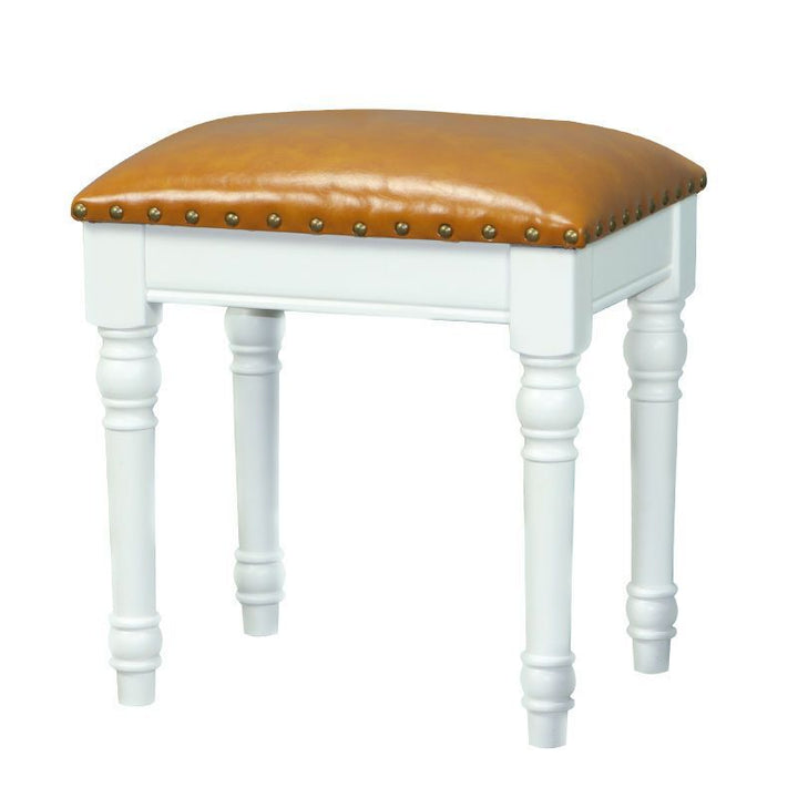 Tabouret de coiffeuse sans dossier ni accoudoirs en bois massif, cuir synthétique et lin carré scandinave contemporain pour chambre 