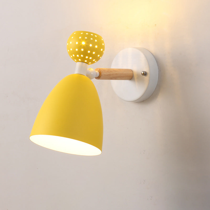 Zeitgenössische skandinavische Macaron Holz Eisen Runde 1-Licht Wandleuchte Lampe für Wohnzimmer 