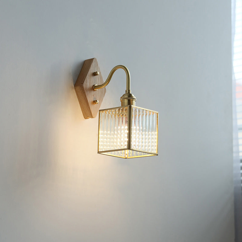 Applique Murale Traditionnelle Vintage Carrée en Verre de Cuivre et Bois à 1 Lumière pour Chambre 