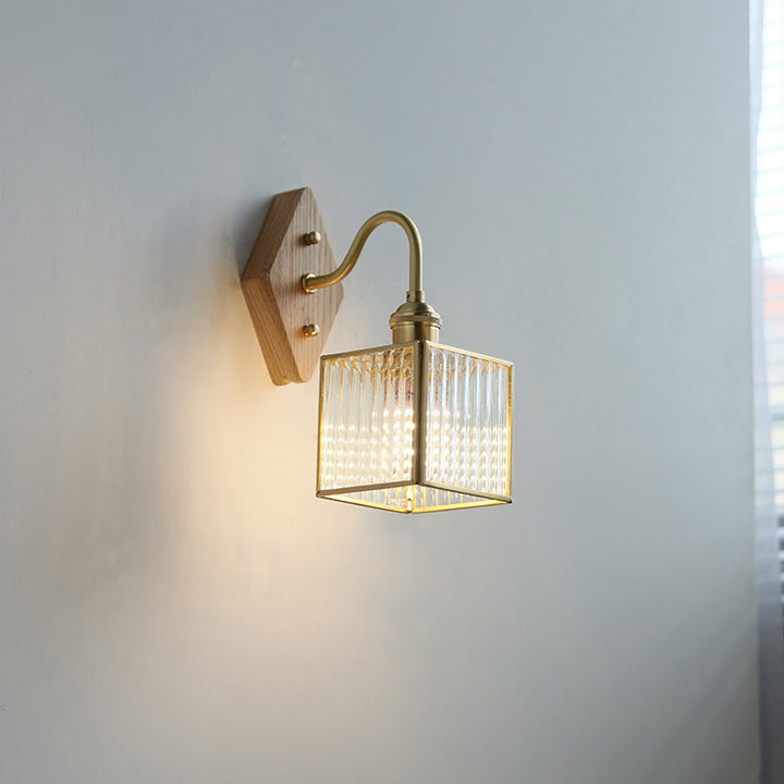 Applique Murale Traditionnelle Vintage Carrée en Verre de Cuivre et Bois à 1 Lumière pour Chambre 