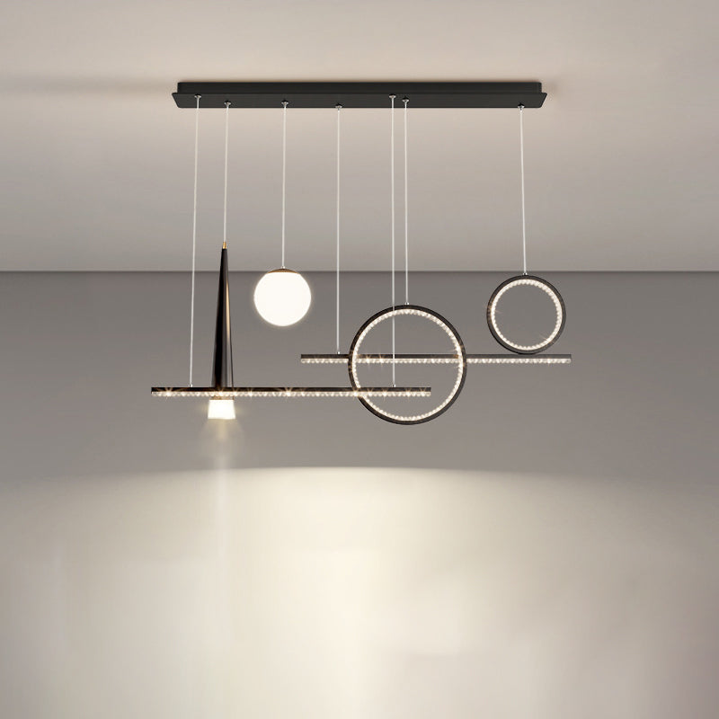 Zeitgenössischer luxuriöser geometrischer Ring-Glaskugel-Schirm LED-Kronleuchter Insellicht für Wohnzimmer 
