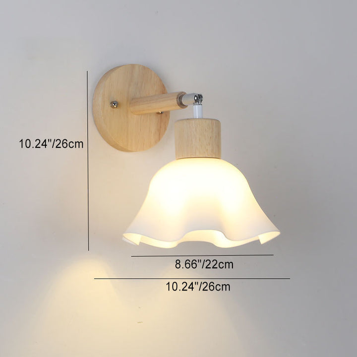 Applique murale 1 lumière en forme de dôme hémisphérique avec fleur plissée en bois, verre et papier japonais traditionnel pour chevet 