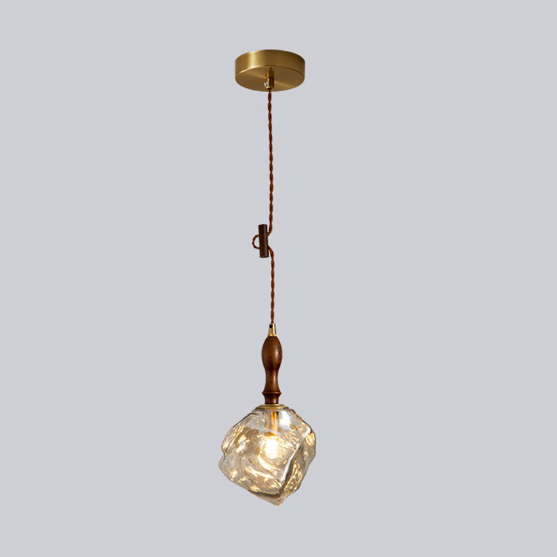 Traditional Vintage Irregular Ice Cube Shape Glass Aluminum Wood 1-Light Pendant Light For Living Room