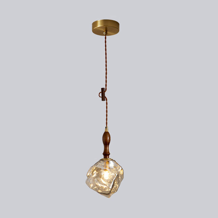 Traditional Vintage Irregular Ice Cube Shape Glass Aluminum Wood 1-Light Pendant Light For Living Room