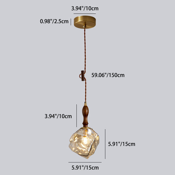 Traditional Vintage Irregular Ice Cube Shape Glass Aluminum Wood 1-Light Pendant Light For Living Room