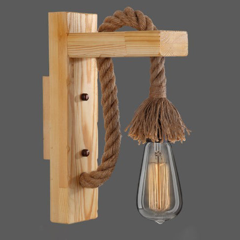 Lámpara de Aplique de Pared de 1 Luz con Colgante Cúbico de Vidrio de Hierro con Cuerda de Cáñamo de Madera Industrial Contemporánea para Pasillo 