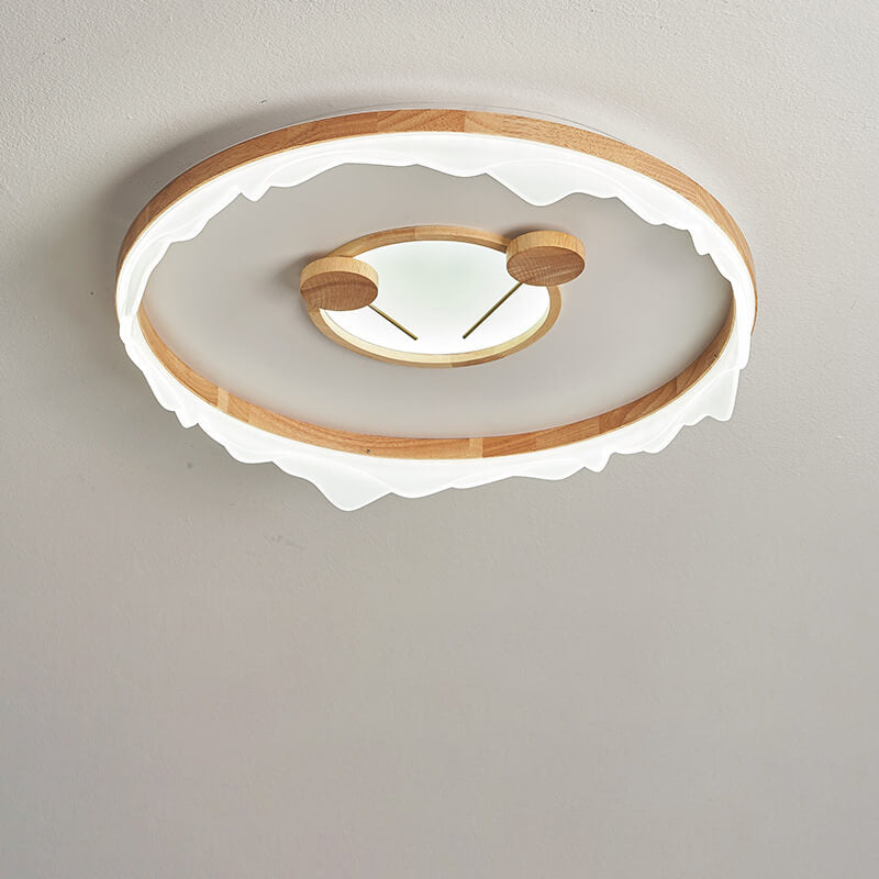Traditional Japanese Cartoon Round Iron Wood Acrylic LED Flush Mount Ceiling Light For Living Room